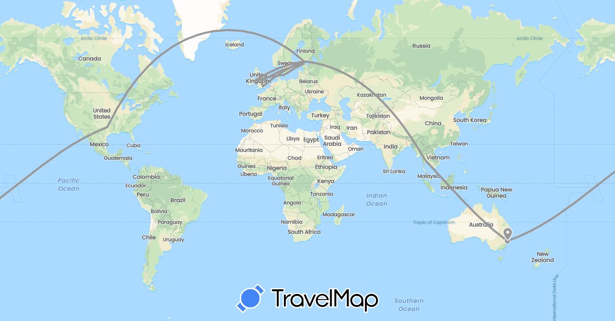 TravelMap itinerary: driving, plane in Australia, Denmark, Estonia, Finland, United Kingdom, Ireland, Thailand, United States (Asia, Europe, North America, Oceania)